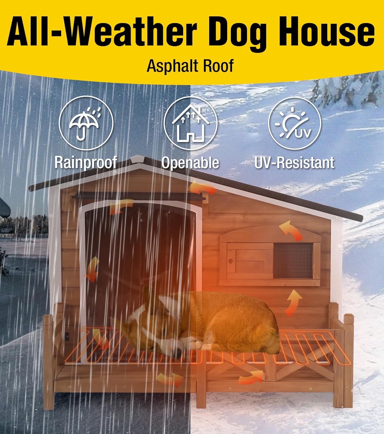 Aivituvin Heated Dog House Outdoor Dog Kennel with Safe Heated Pad, Chew-Proof Metal Frame and Rotating Food Bowl for Small to Medium Dogs, 44.6" L x 41.1" W x 32.9“H (Dark Brown)