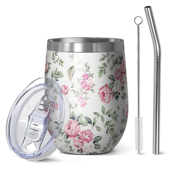 12oz Stemless Wine Tumblers Pioneer Flower Floral Print Pattern Vacuum Insulated Stainless Steel Travel Tumbler Cups Mug with Lid and Straw for Champaign,Cocktail,Beer with Cleaning Brush
