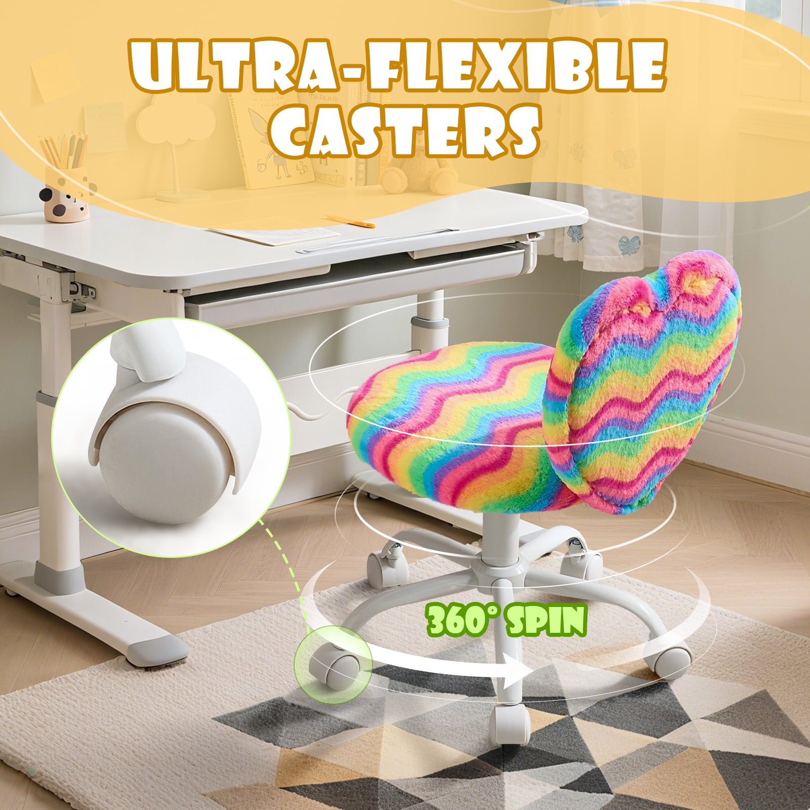 Heart Kids Desk Chair，Girls Desk Chairs,Comfy Swivel Computer Chair for Girls Room, Fluffy Kids Office Chair for Reading & Vanity，Rainbow