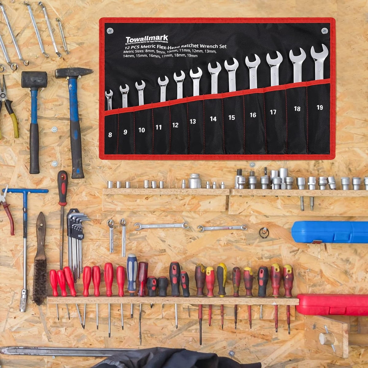 AOILE 12 Pieces Flex-Head Wrench Set, 72-Teeth Metric 8-19mm Cr-V Steel Ratcheting Combination Set with Storage Bag for Home/Car/Bike