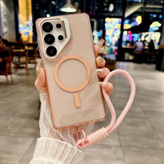 For Samsung Galaxy S24 Ultra Phone Case,With Contractile Lens Ring Kickstand,Compatible with Mag-Safe,Bling Glitter Transparent Back Design,With Wrist Strap,Ultra Slim Shockproof Phone Case,Pink