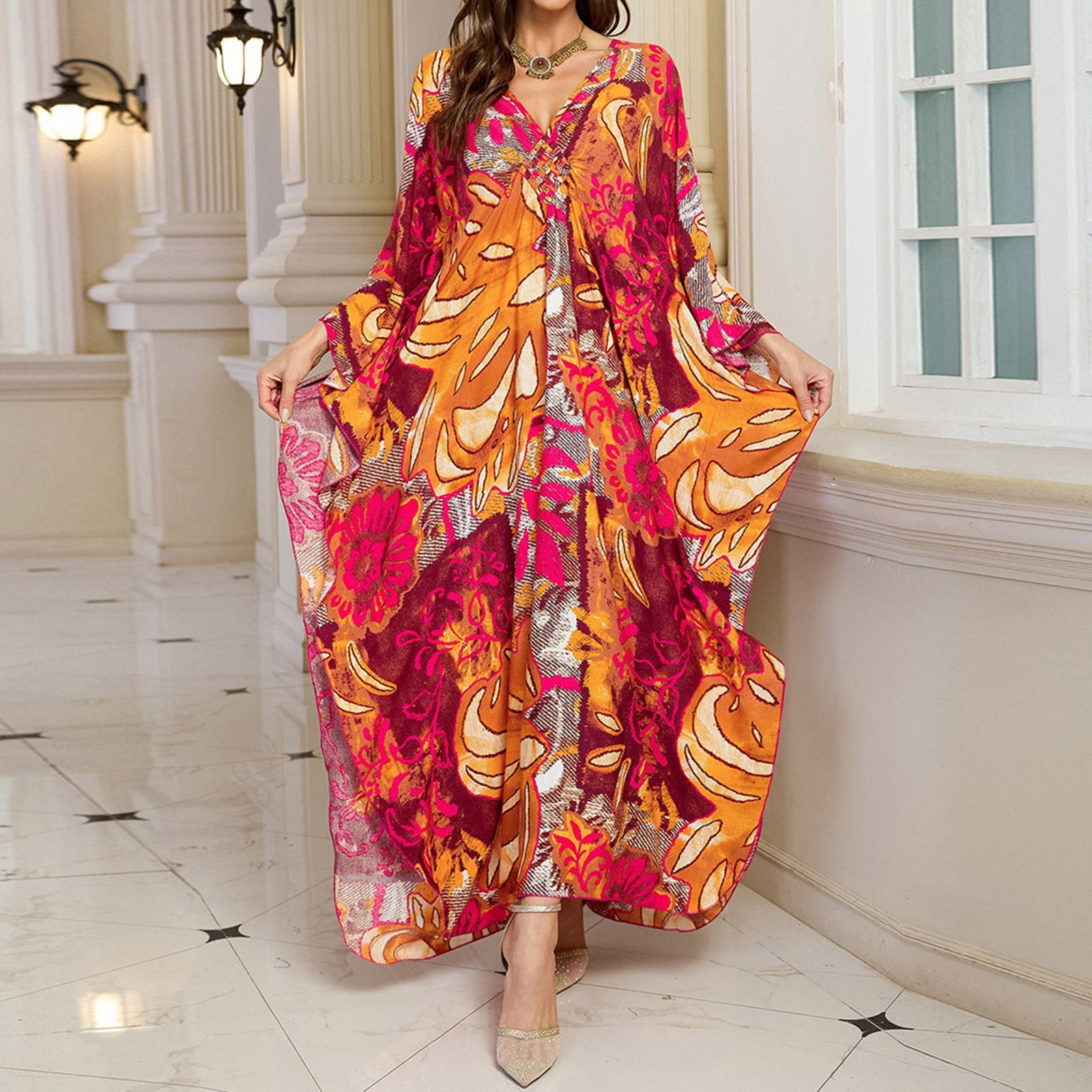 Women Kaftan Dresses Cover Ups Vintage Boho Printed Long Sleeve V Neck Beach Dress Lightweight Vacation Sheer Bathing Suits