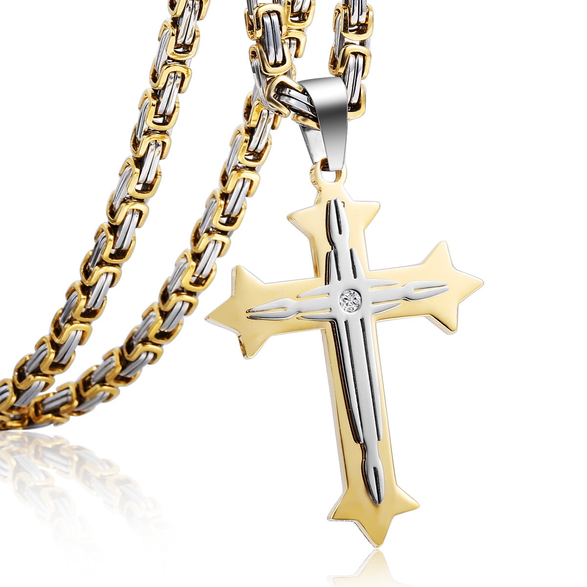 Mens Stainless Steel Cross Pendant Necklace 5mm Byzantine Link Chain ...