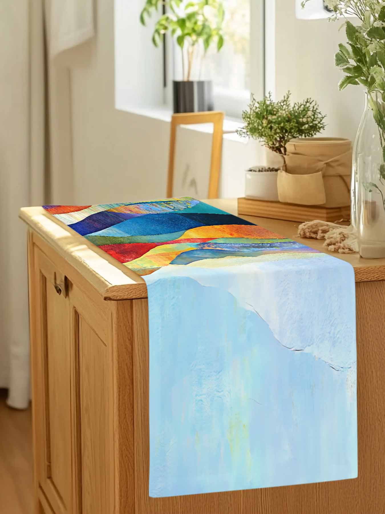 Coloful Mountain Watercolor Oil Painting Art Table Runner 90 Inches Long, Abstract Geometric Modern Table Runners Tabletop Scarf Kitchen Dining Tables Decoration for Home Party Indoor Outdoor