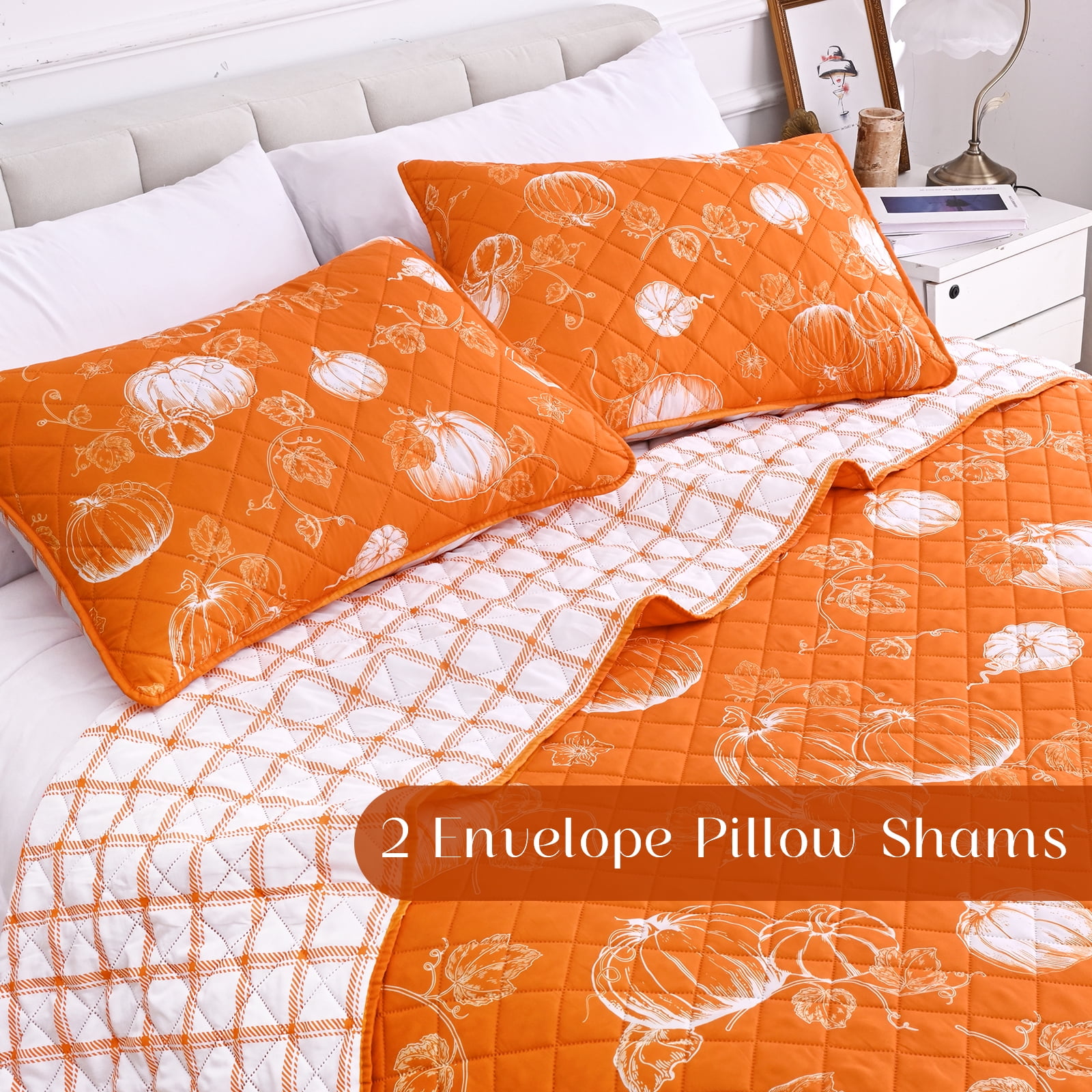 BLEUM CADE 3 Pieces Fall Quilt Set King with 2 Pillow Shams, Thanksgiving Reversible Bedding Set Pumpkins Quilt Set, Soft Lightweight Bedspread Coverlet Set