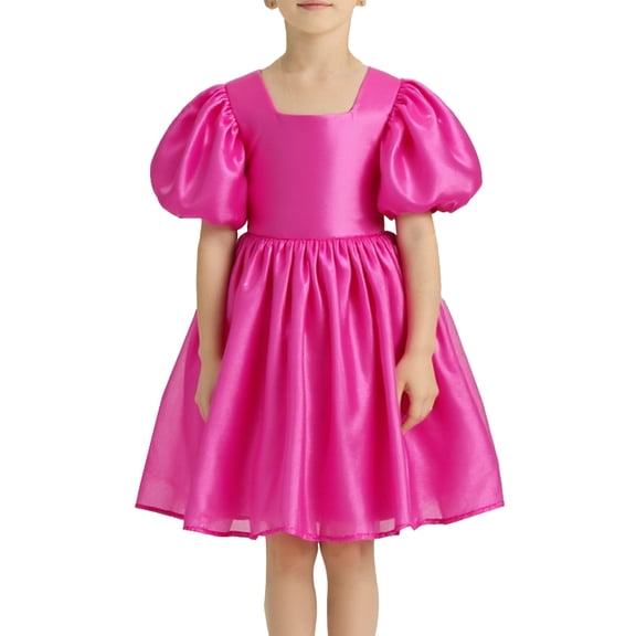 OIOLOYJM Girls Puff Short Sleeve Summer Dress Casual Cute Square Neck A-Line Dresses Party Holiday Vacation Lounge Smoked Dresses Hot Pink 2-3 Year