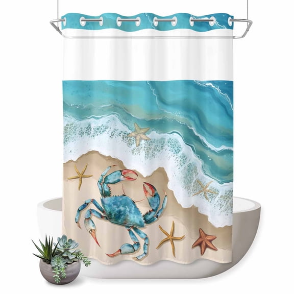No Hook Shower Curtain, Ocean Crab Shower Curtains for Bathroom with See Through Top Window, Beach Starfish Seashore Gradient Sea Waves Waterproof & Washable Bath Curtain Extra Long 72"x84"