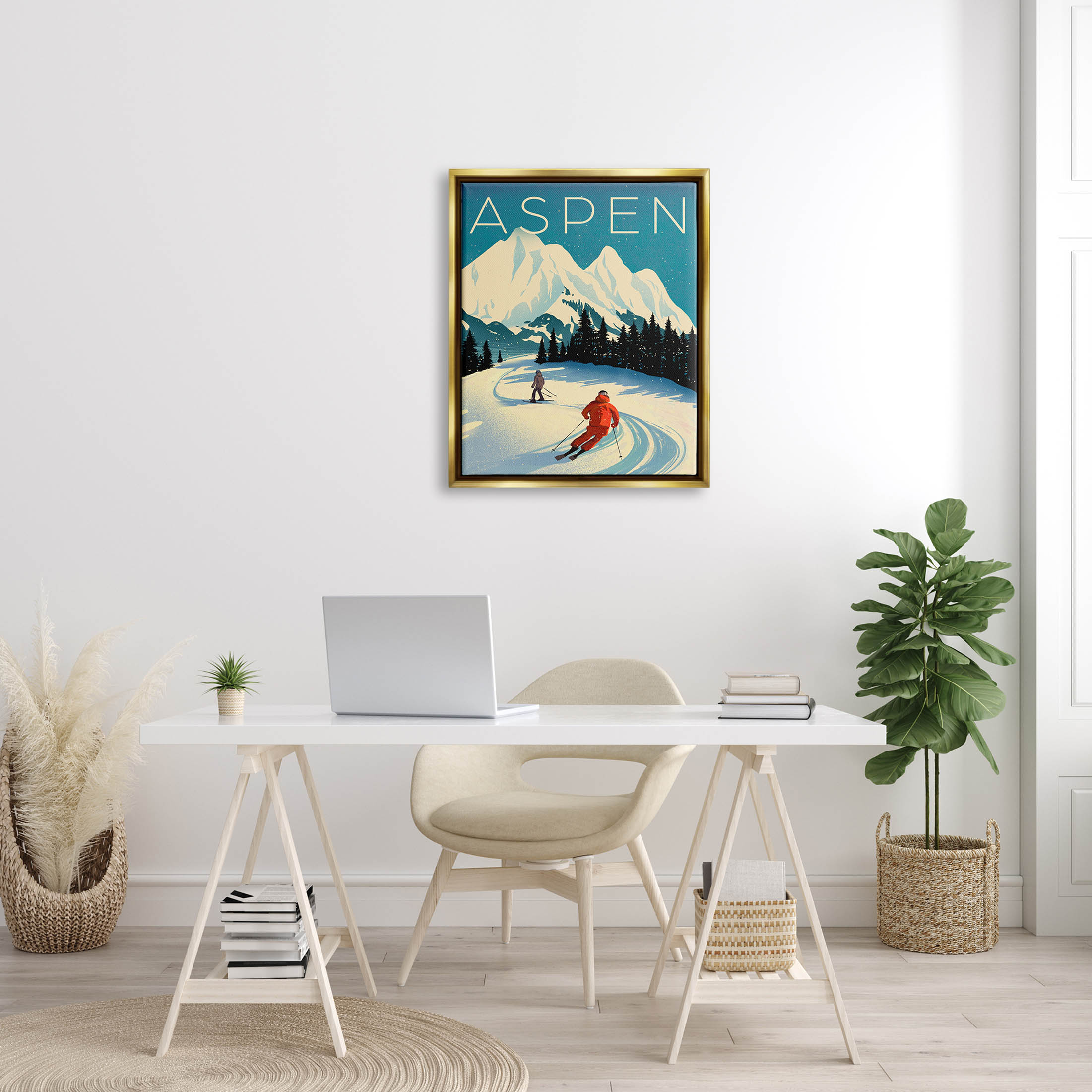 Stupell Industries Aspen Winter Ski Scene Graphic Art Metallic Gold Floating Framed Canvas Print Wall Art, Design by Ziwei Li