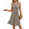 thumbnail image 4 of Women'S Twist Front V Neck Ruffle Summer Dress Elegant Sleeveless Club Party Tunic Bodycon Mini Dresses Brown S, 4 of 9