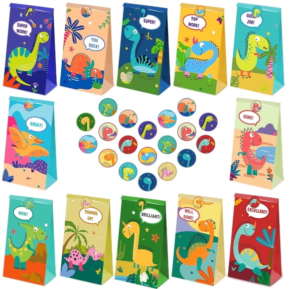 24Pcs Dinosaur Party Favor Bags, 12 Unique Dino Designs Kids Goodie Treat Bags, Cute Dinosaur Gift Candy Bags for Boys Girls Birthday, Baby Shower, Dino Theme Party Supplies