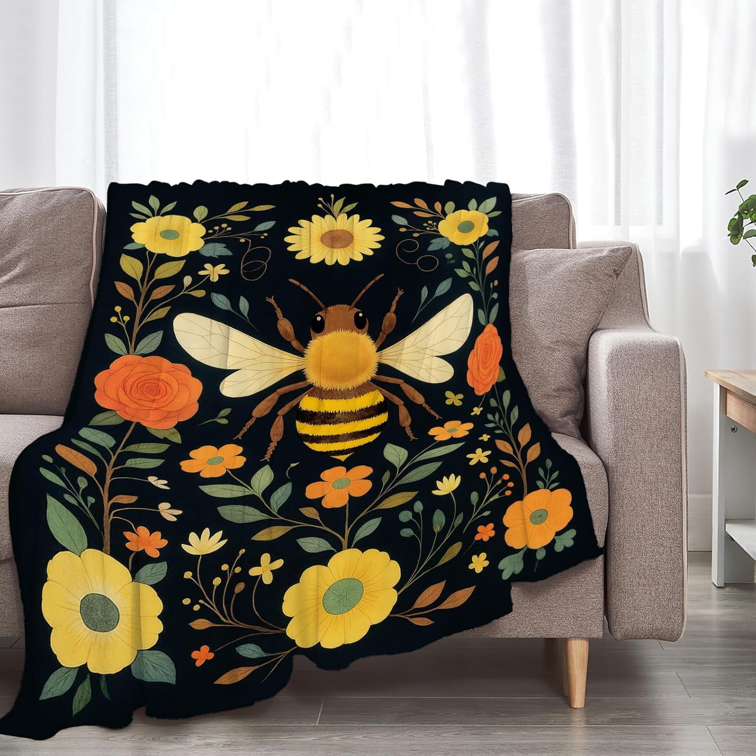 Bee Blanket Gifts for Women Women Bee Flower Blanket Soft Flannel Cozy Fleece Fuzzy Plush Warm Bedding Stuff for Users Adults 60 x 80 Inch
