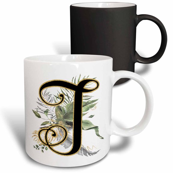 3drose, Fancy Monogram Initial J on Green Tropical Leaves, 11oz Magic Transforming Mug