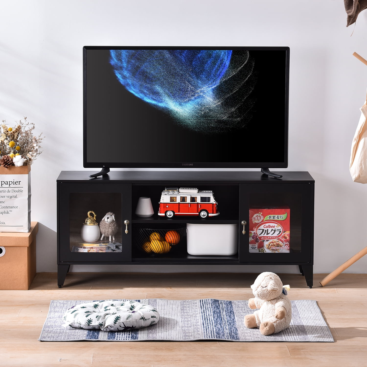 Entertainment Unit with Metal Frame amzdeal TV Stand Cabinet Modern Wooden Media Unit for TVs Up to 55 Inch