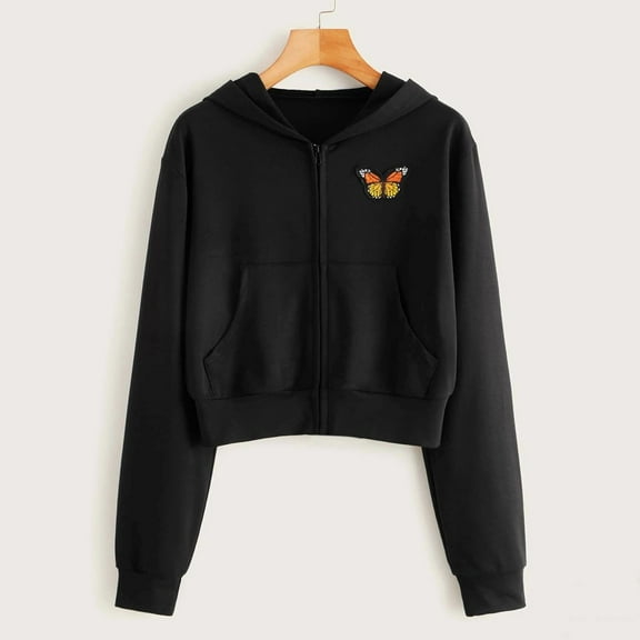 VEKDONE Junior Sweatshirt Graphic Crop Sweatshirts for Women Zip Up Long Sleeve Hoodies Jacket Fall Fashion Butterfly Embroidery Pullover Blouse Black,S