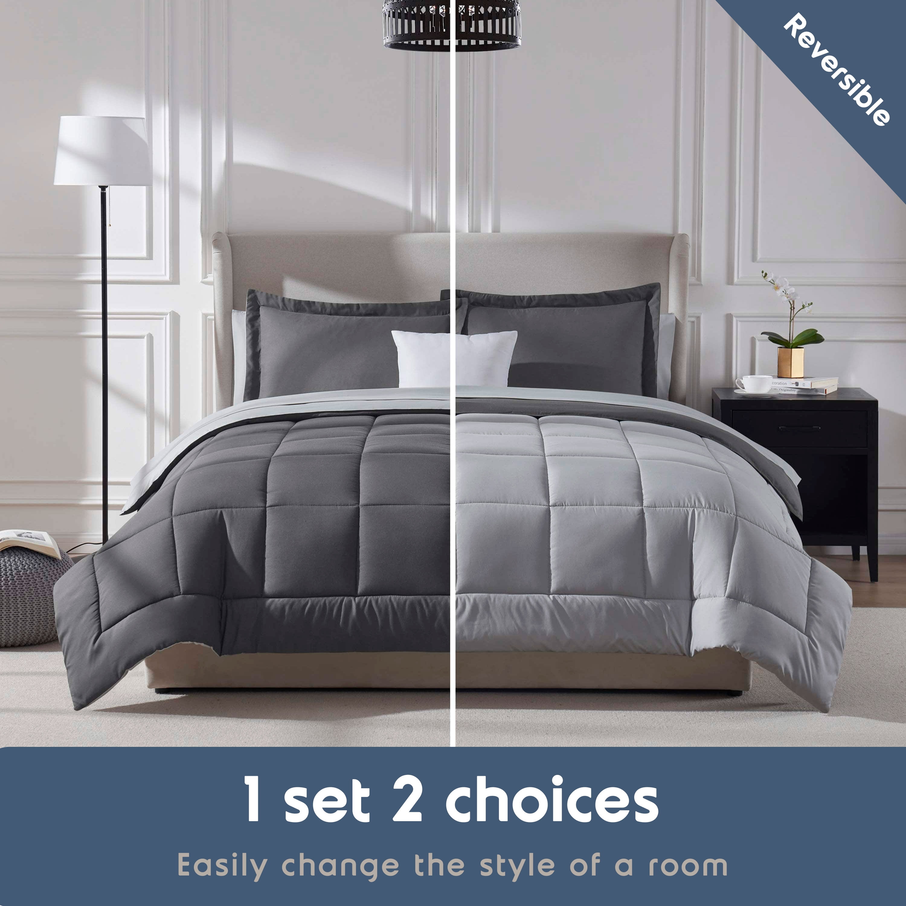LammaLoe Full-Size Comforter Set, With Sheets, Reversible Bed In A Bag 7 Piece, Bedding Set, Dark Grey