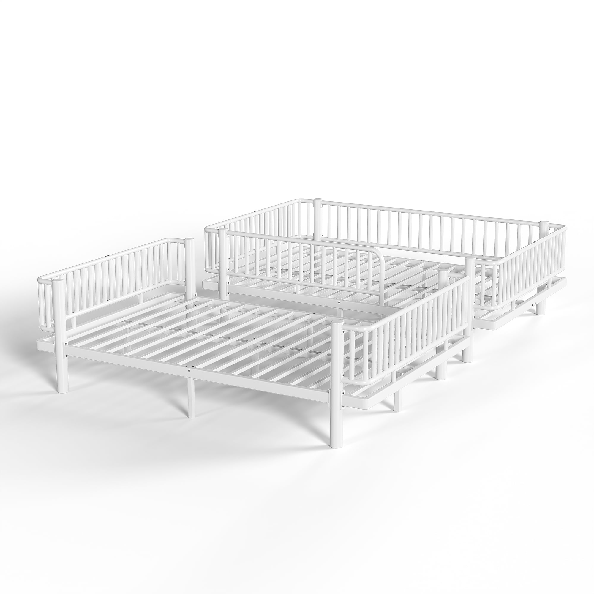 Queen over Queen Bunk Bed with Ladders and Guardrails, Metal Bunk Bed Frame Convertible into 2 Separate Platform Beds for Bedroom All Ages, No Box Spring Needed, White