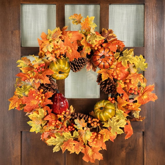 Northlight Maple Leaves, Pinecones, and Pumpkins Small Artificial Fall Harvest Wreath - 20"
