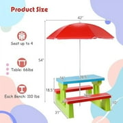Kids Picnic Table, Toddler Picnic Table with Removable & Foldable Umbrella, Plastic Children Patio Furniture for Garden Backyard, Kids Outdoor Table, Red, Blue & Green