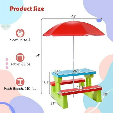 Kids Picnic Table, Toddler Picnic Table with Removable & Foldable Umbrella, Plastic Children Patio Furniture for Garden Backyard, Kids Outdoor Table, Red, Blue & Green