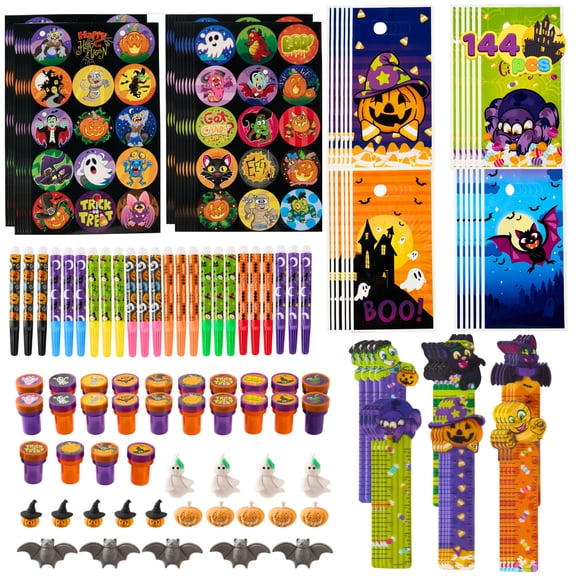 Joyfy 144 Pcs Halloween Stationery Set for Kids,Halloween Markers Stickers Erasers Stamps Party Favors,Halloween Trick or Treat Bags,Halloween Gifts for Kids,Classroom Favors