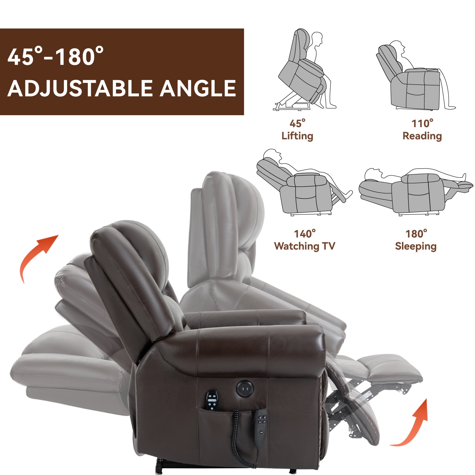 Alvantor Large Power Lift Recliner Chair for Elderly with Massage and Heat Genuine Leather Electric Recliners Chair with USB Ports for Living Room Brown