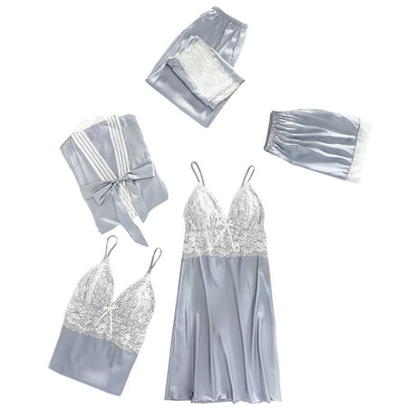 50% off Clear! HAPIMO Discount 4 Piece Pajamas Set for Women Silk Lace Robes Plush Fleece Sleepwear Soft Warm Bathrobe Housecoat Pajamas Dress Babydoll Nightgown Blue M