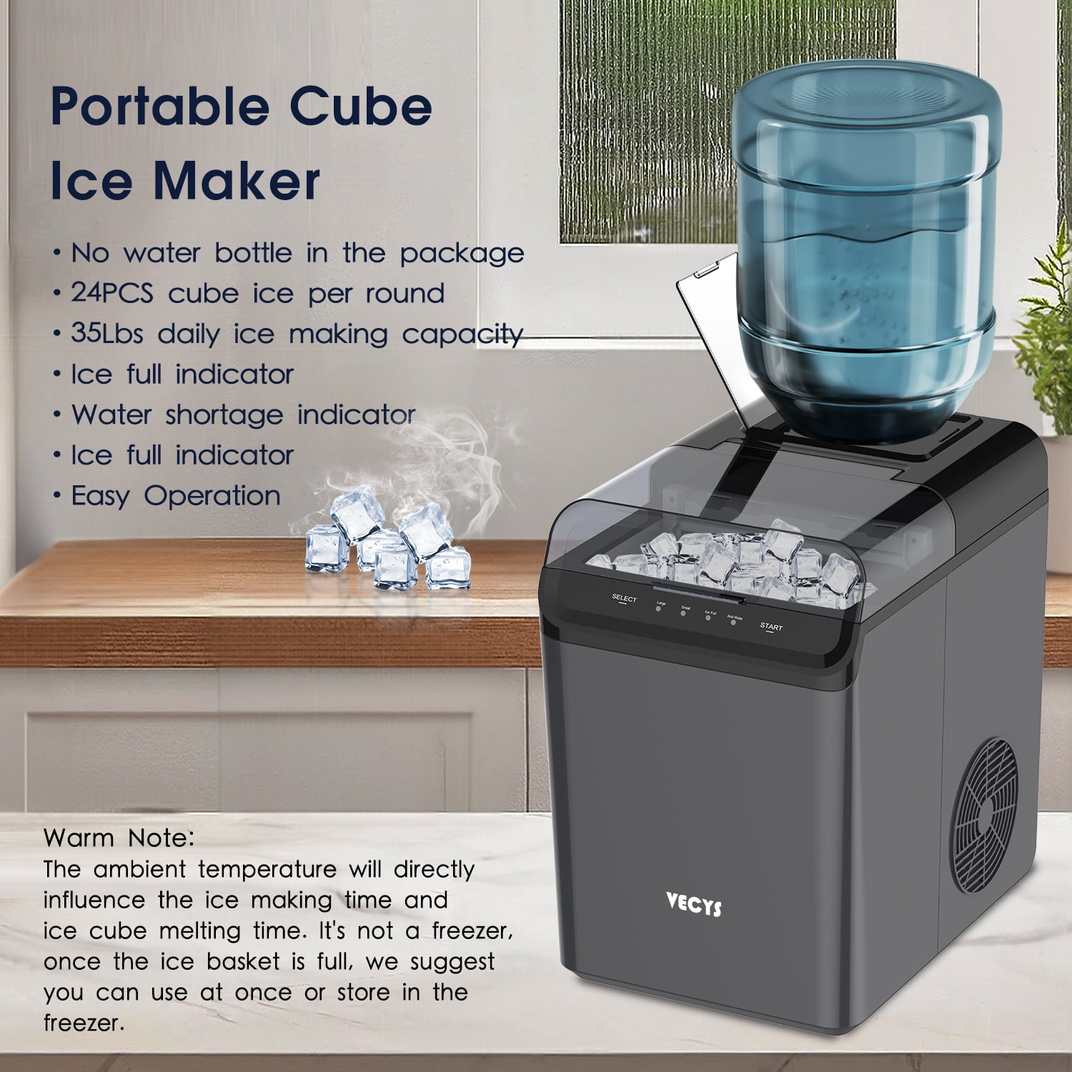 VECYS Countertop Cube Ice Maker, 34LBS Daily Production with Self-Clean