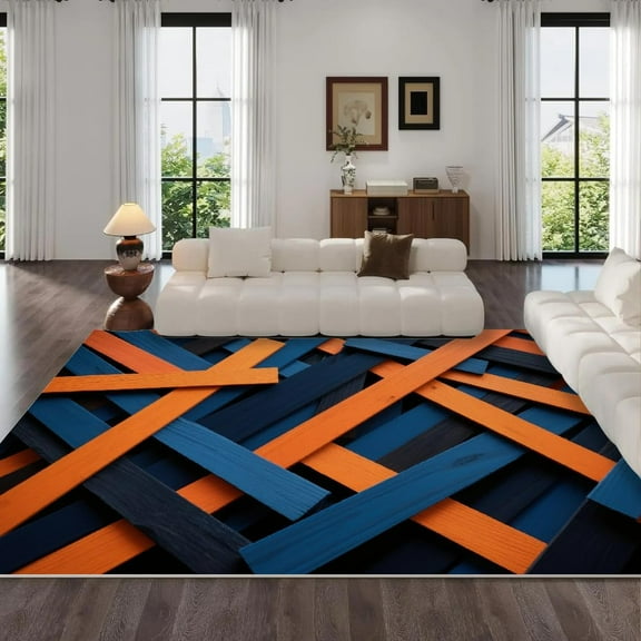 Orange and Blue 3D Wood Pattern Living Room Area Rug Printed Pattern Washable Bedroom Rug Soft Non-Slip Dining Room Carpet Reading Room Nursery Low Pile Rug 2x3ft