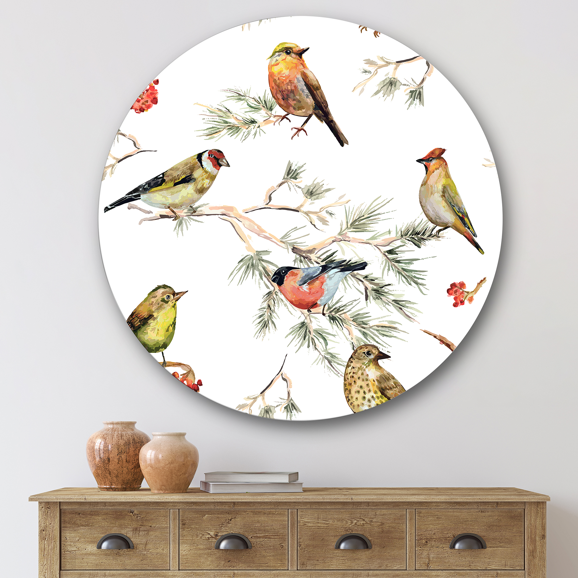 Designart 'Forest Birds Sitting On Branches' Traditional Circle Metal Wall Art 29x29 - Disc of 29