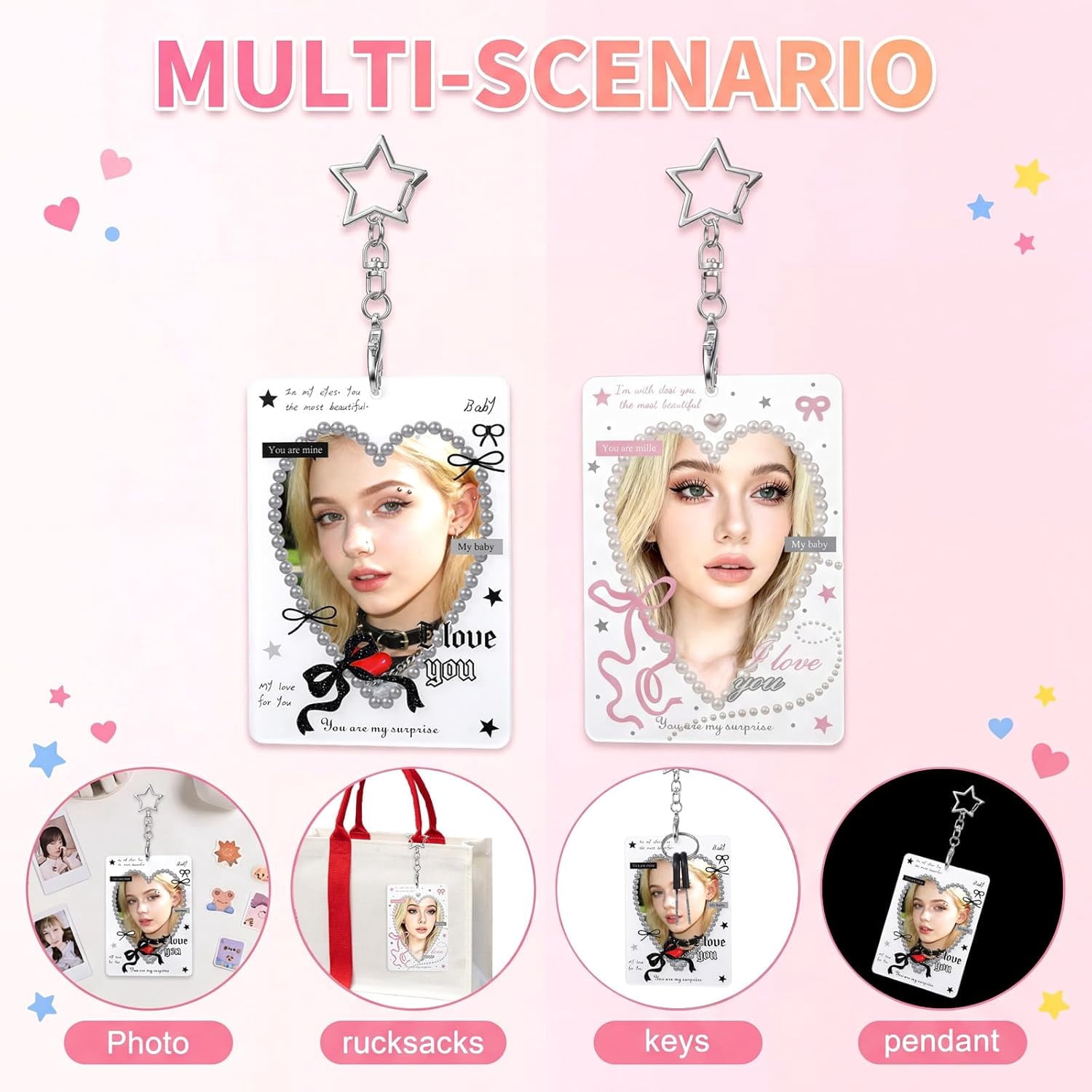 2 bow tie photo card holders with metal chain, transparent 2 charm badge clips, cute acrylic photo card protectors, with star pendant, for idol card albums