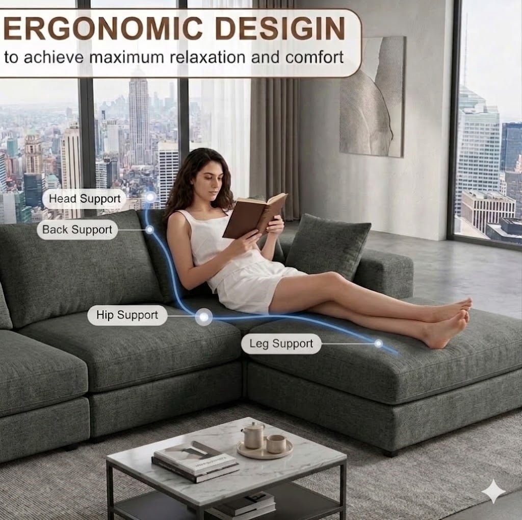 Avobird  Cloud Couch Modular Sectional Sofa, 107" L Shaped Convertible Couch Chenille Thick Cushion with Ottoman and Pillows for Living Room, Gray
