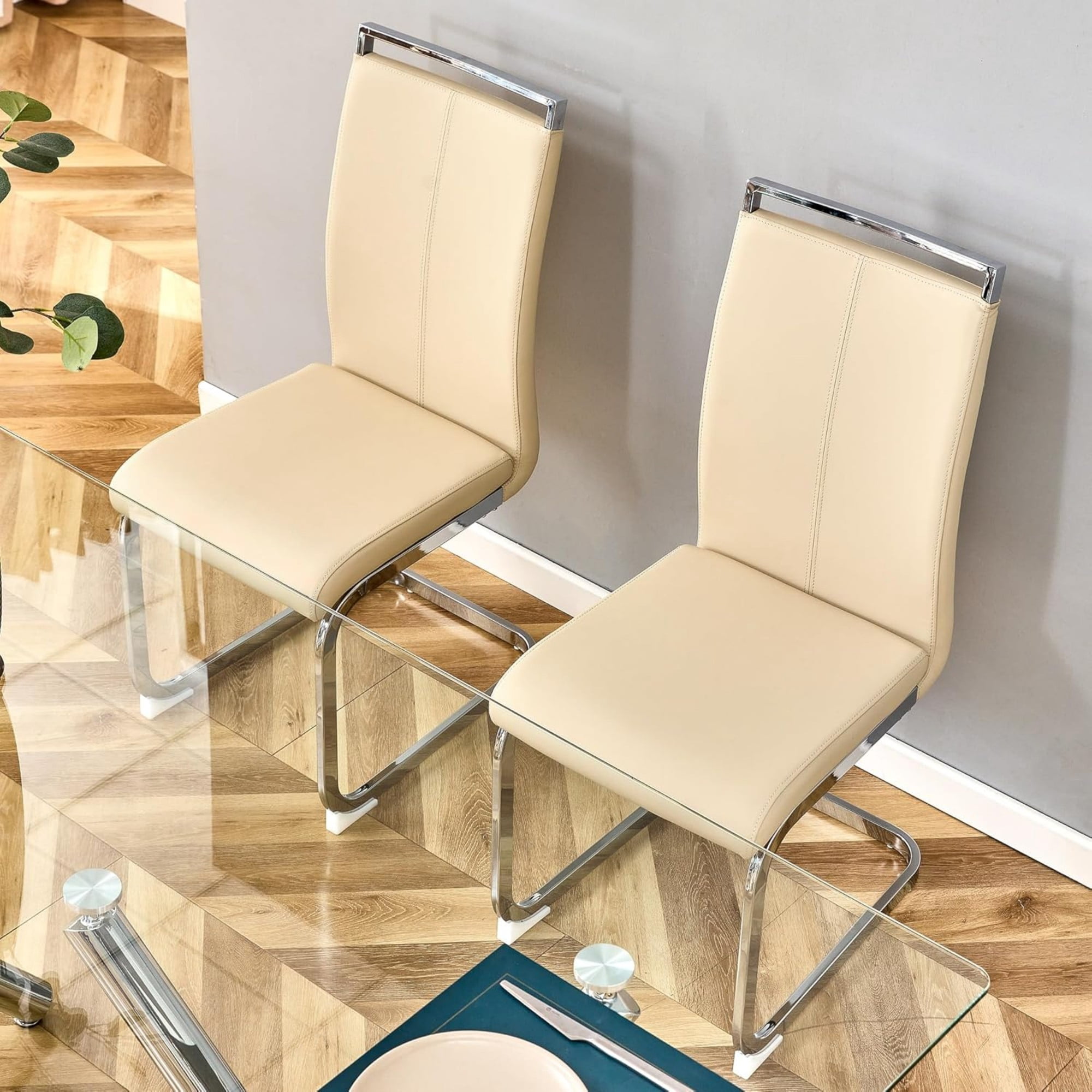 SUDICA Dining Chairs Set of 2, Modern Beige PU Leather High Back Side Chairs with Chrome Metal Legs for Dining Room