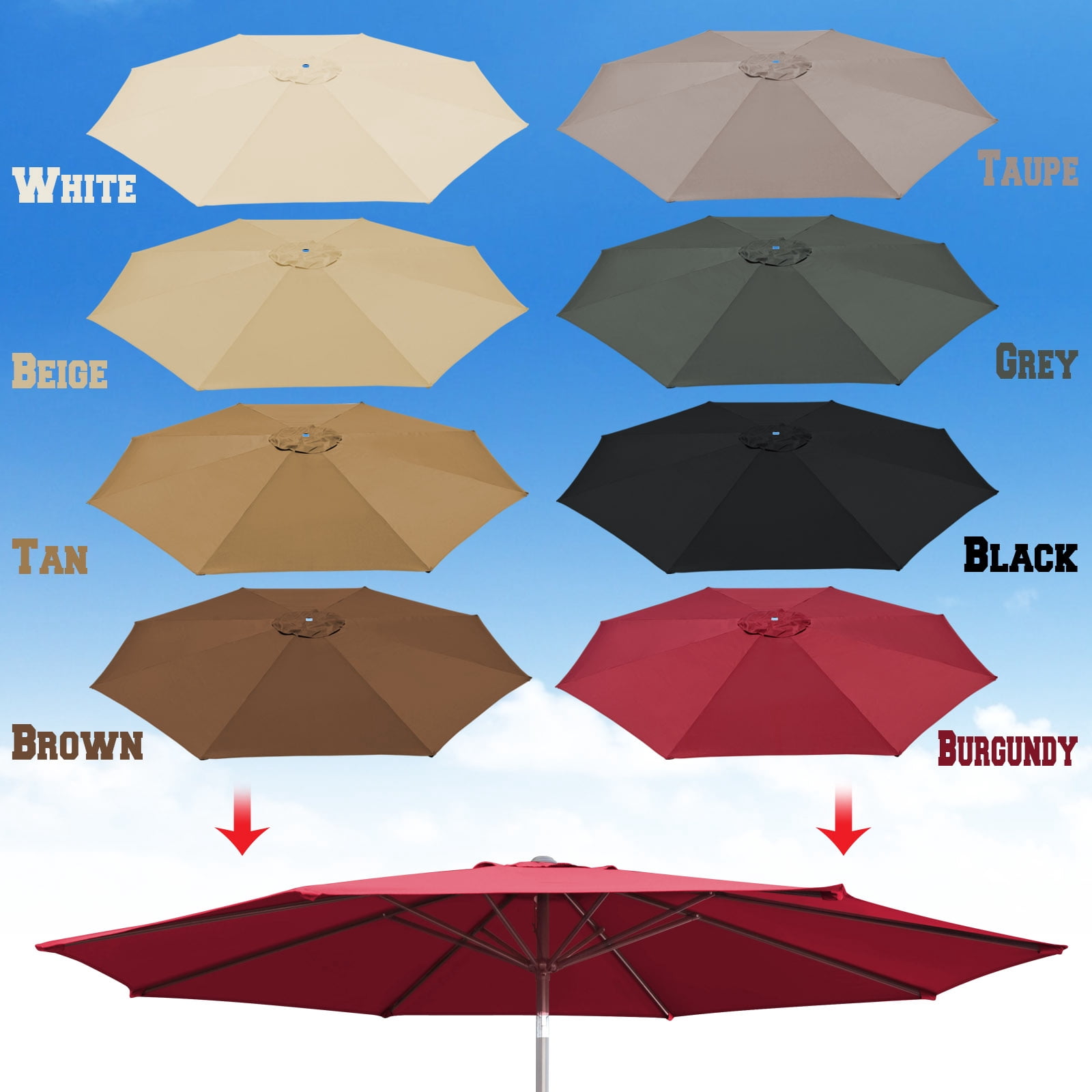 Sunrise 10' Umbrella Canopy Top Cover Patio Replacement Top Cover 8 Ribs Outdoor Sunshade (Burgundy, Cover only, Frame not Included)