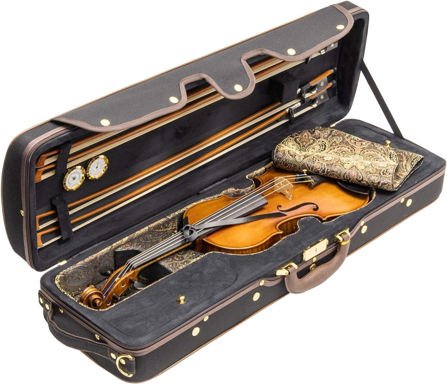 MI&VI NF-9001CC Maestro Hard-Shell Violin Case 4/4 (Full Size) Polishing Cloth Included | Luxury Silk Interior | High-Density | Adjustable Straps | Hygrometer | Thermometer (Black)