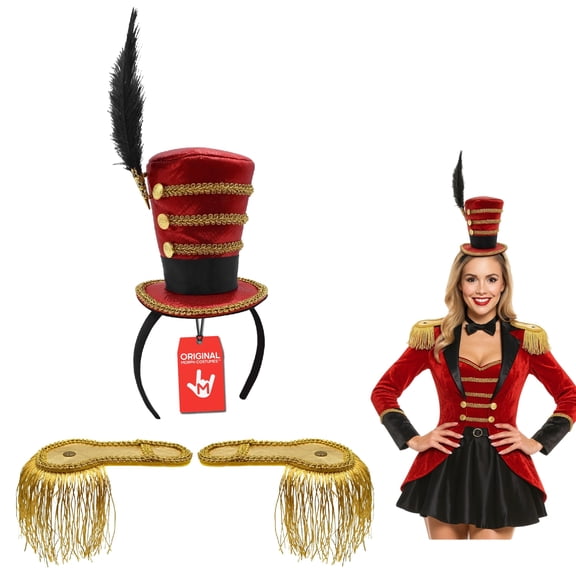 Morph Mini Ringmaster Hat And Black Shoulder Epaulettes Gold Fringe Costume Accessory (Red/Gold)