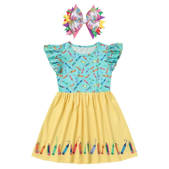 IWEMEK Little Girl Dresses Fly Sleeve Crewneck Casual Trendy Mini Dress with Hair Bow Crayon Print Leisure Chic Sun Dress