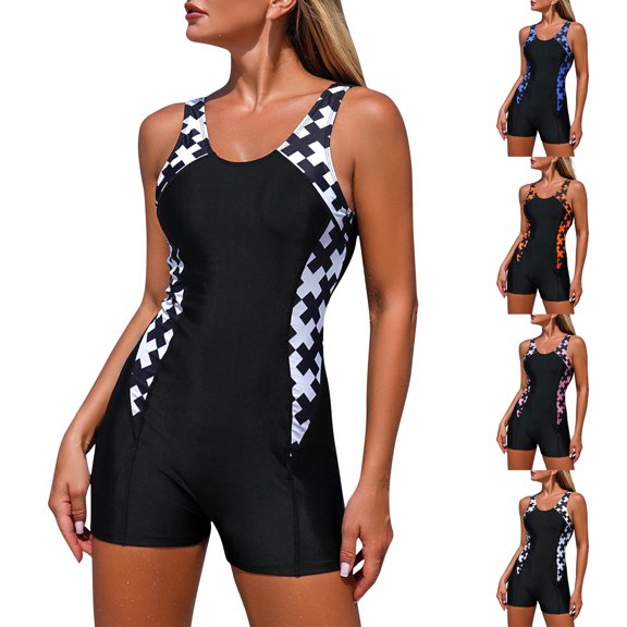 Women's Athletic Swimsuit Crew Neck Print Patchwork One Piece Bathing Suit With Boyleg Shorts Slimming Swimwear (XL, White)