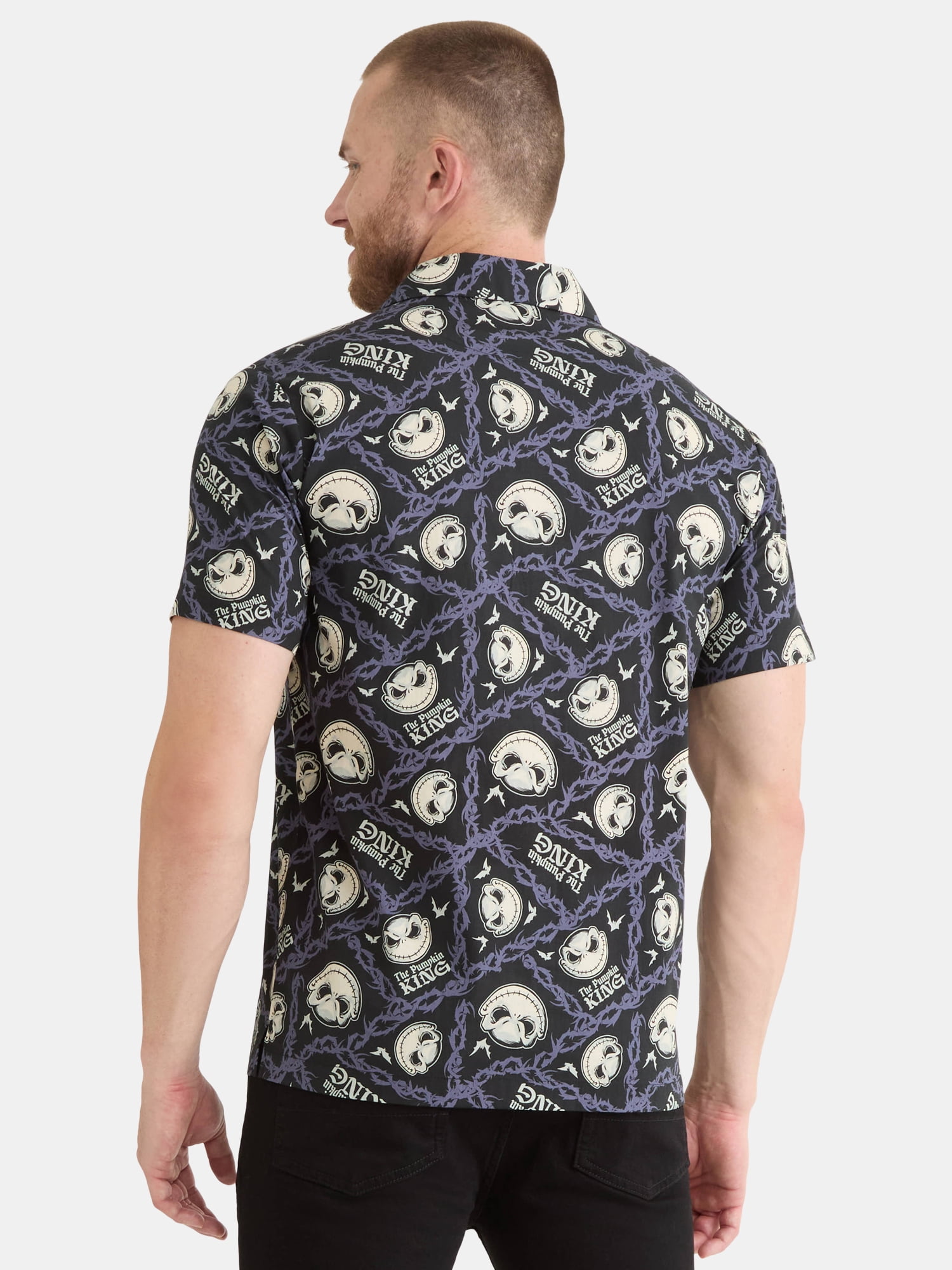 Nightmare Before Christmas Men's and Big Men's Print Button-Up Cotton Shirt with Short Sleeves, Sizes XS-3XL