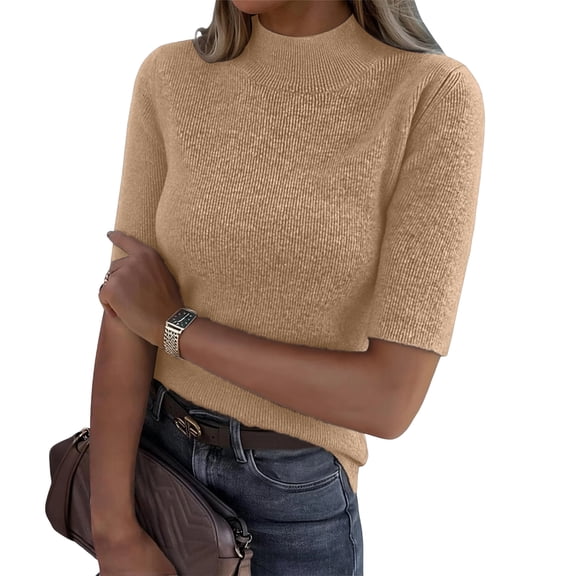 OIOLOYJM Knit Shirts for Women 2026 Casual Long Sleeve Half Turtleneck Sweaters Spring Soft Cozy Lightweight Pullover Office Holiday Clothes Light Brown M
