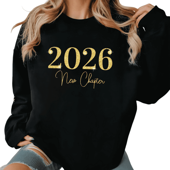 Women's Black Crew Neck Sweatshirt 2026 New Chapter Gold Glitter Graphic Print Casual Pullover S-3XL