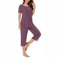 thumbnail image 5 of Feancey Women's Pajama Sets with Pockets Button Short Sleeve Blouse and Capri Pants Sleepwear Two Piece Pleated Casual Loungewear Oufits Purple L, 5 of 9