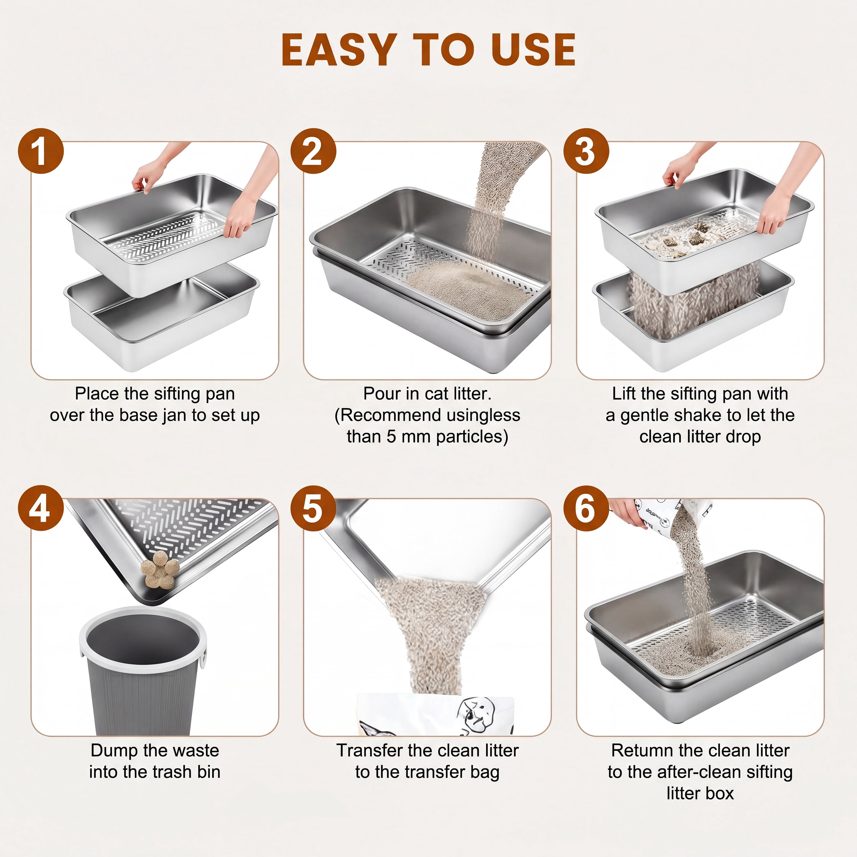 Topyangs Extra Large Stainless Steel Sifting Cat Litter Box, Silver