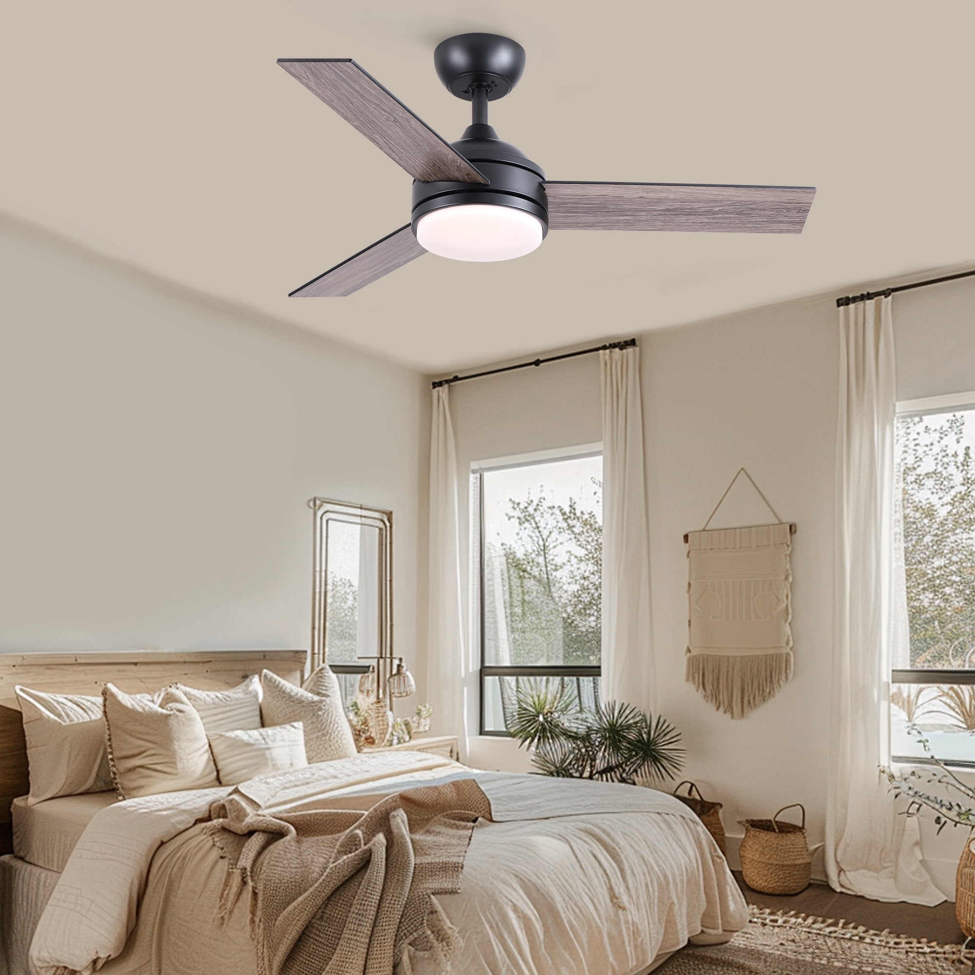 Leumius 52" Black Ceiling Fan with Intergrated LED Light Kit with Remote Control, 3 Plywood Blades and Work with Smart APP for Living Room Bedroom