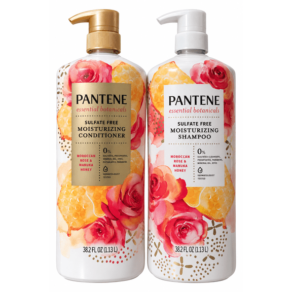 Pantene Essential Botanicals Sulfate Free Moisturizing Shampoo & Conditioner Set, Moroccan Rose & Manuka Honey, 38.2 fl oz Each, 2 Pack