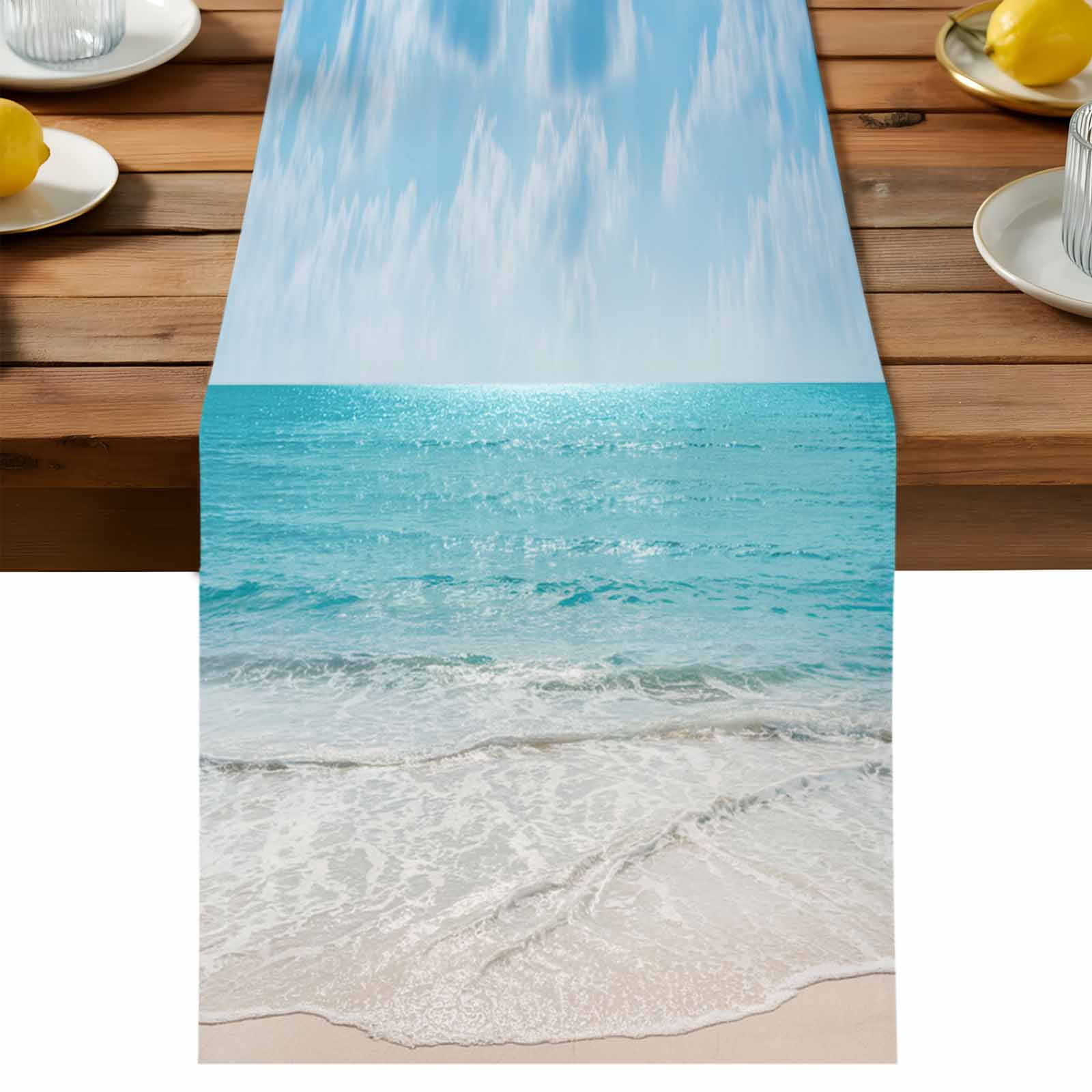 Summer Beach Blue Ocean Waves Table Runner 90 Inches Long, Coastal Nautical Style Table Runners Tabletop Scarf Kitchen Dining Tables Decoration for Home Party Indoor Outdoor