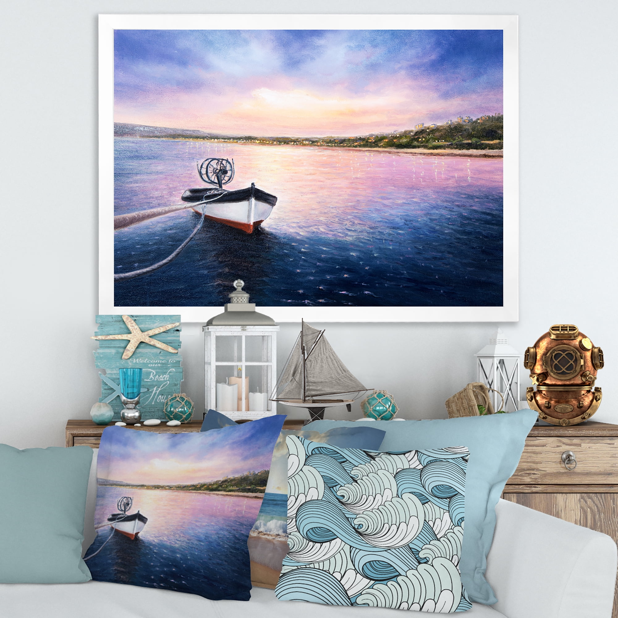 Designart 'VIbrant Sunset Over Fishing Boat By The Shore' Lake House Framed Art Print
