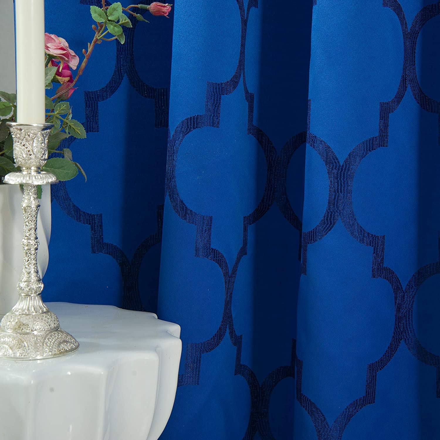 Elegant Comfort Quatrefoil Jaquard Look Curtains with Pleated Attached Valance, with Rod Pocket for Kitchen, Bedroom and Living Room (54 X 84-inches Long, Set of 2), Royal Blue