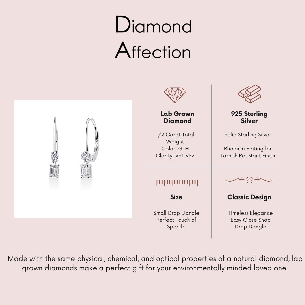 Diamond Affection 1/2 Cttw Lab Created Emerald Cut Diamond Dangle Earrings for Women Drop Lever Back Rhodium Plated 925 Sterling Silver