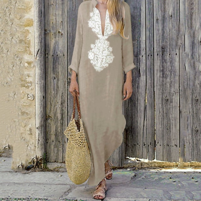 Pisexur Robe à Manches Courtes Col Rond Genou-Haut Mode Femmes Col en V Décontracté Imprimé Ample Confortable Robe à Manches Longues Robe Femmes