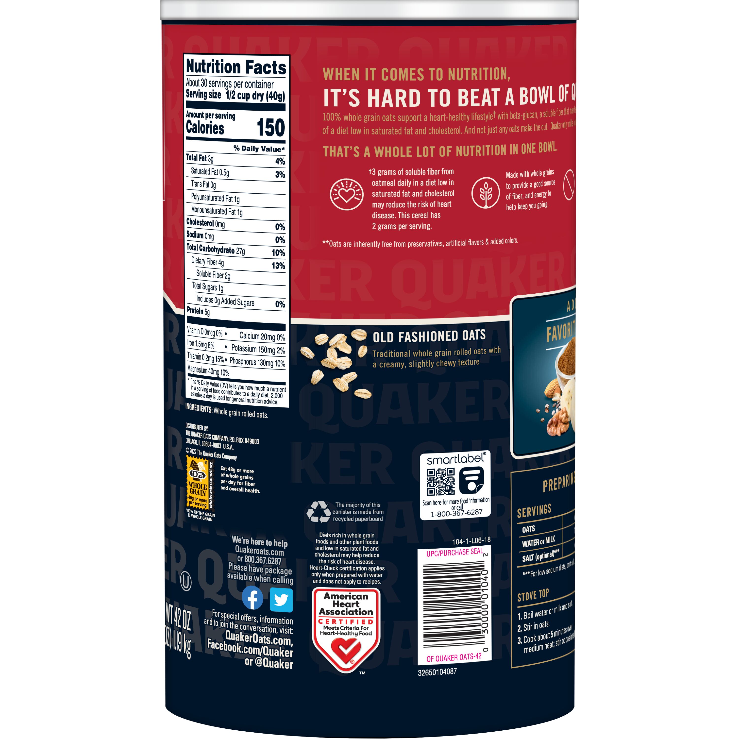 Quaker, Old Fashioned Oatmeal, Whole Grain, Cook on Stovetop or Microwave, 42 oz Canister - image 4 of 7